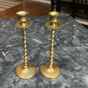 Pair of Vintage Sarna Solid Brass Spiral Swirl Candlestick Holders